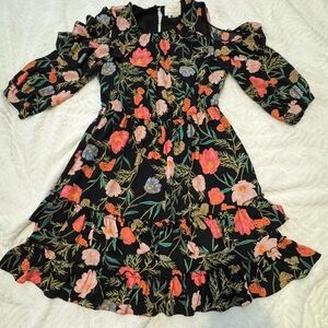 Kate Spade Blossom Floral Ruffled Black cold shoulder dress